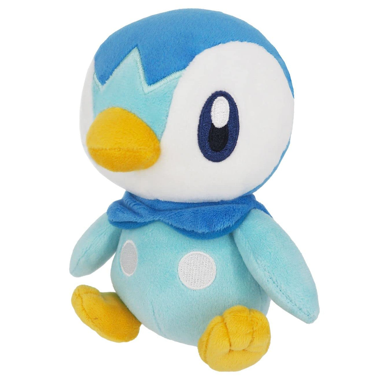 Sanei Piplup plush front view highlights its cozy down and cape-like feathers.