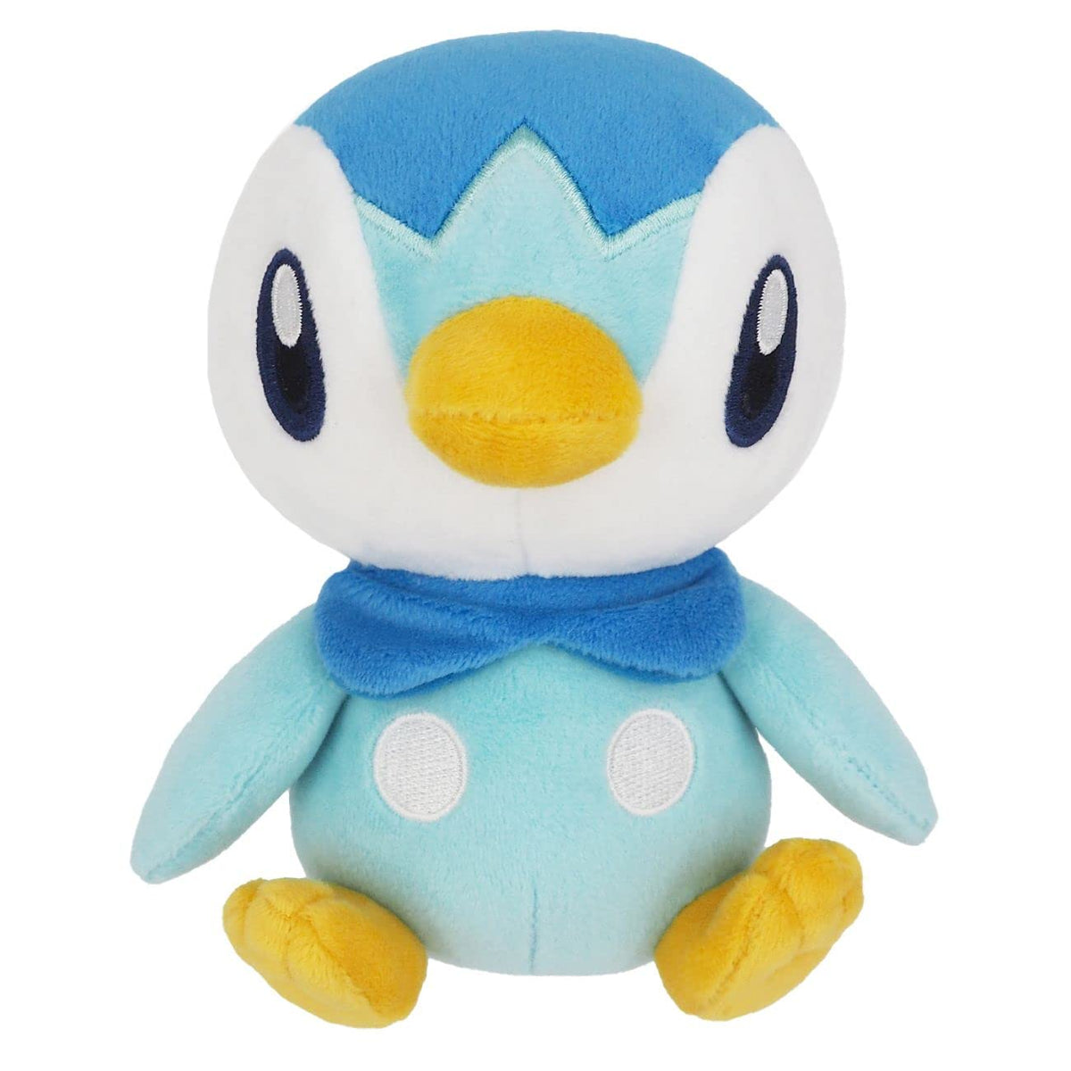 Sanei Piplup plush side view shows compact 6-inch form for desks or shelves.