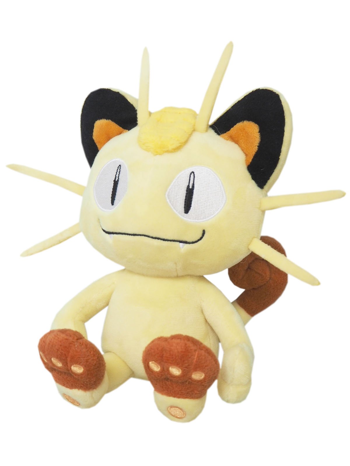 Sanei Meowth 8-inch plush with coin forehead, ideal for display and cuddling.