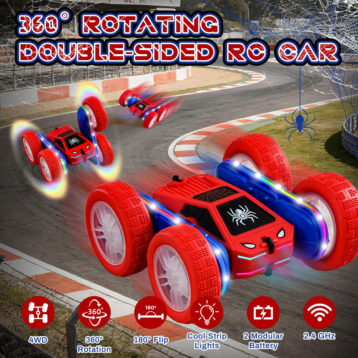 SANGQAOFU Spider RC Car 360-drift action, easy flips for young drivers.