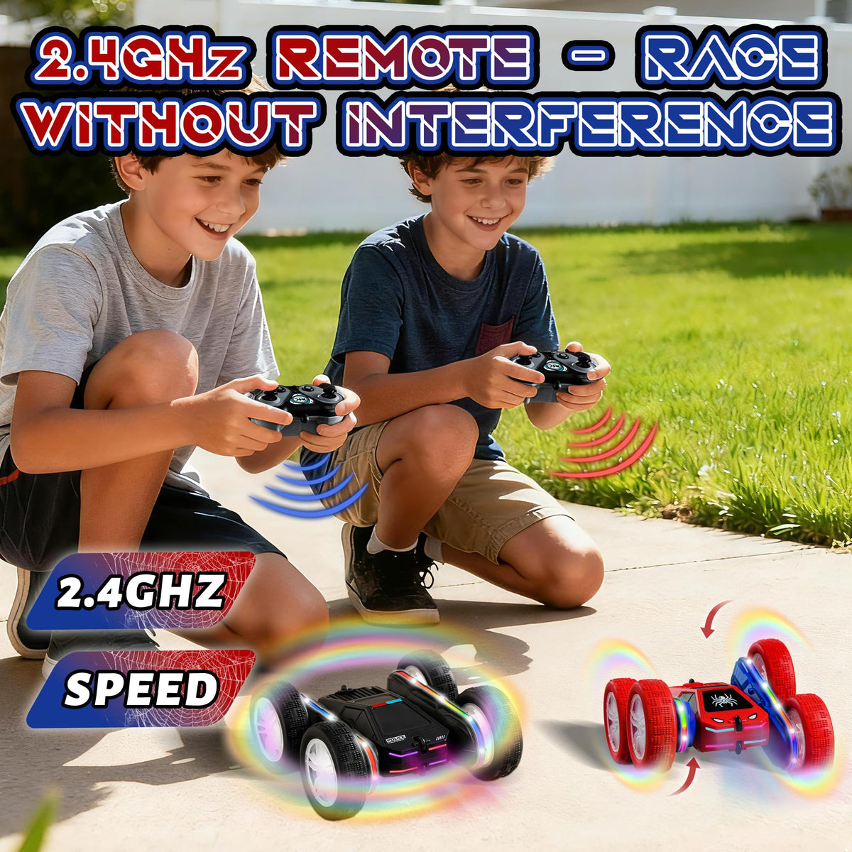 SANGQAOFU Spider RC Car durable tires, stable grip on carpet, grass, and pavement.