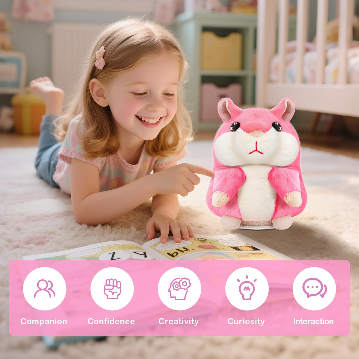 SANJOIN pink playtime shot demonstrates interactive features and repeated voice playback.