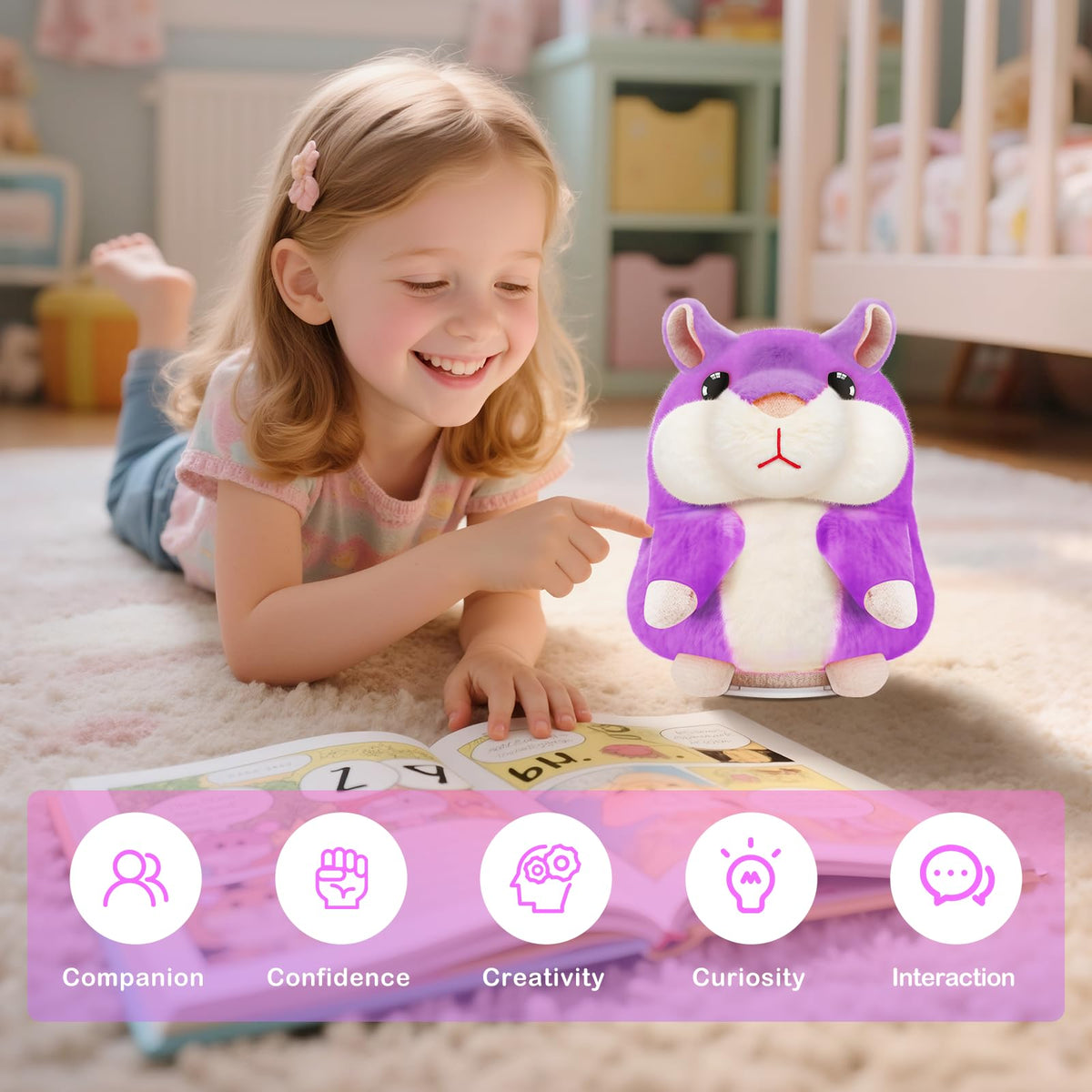 SANJOIN purple talking hamster shown with 6.5 inch height reference