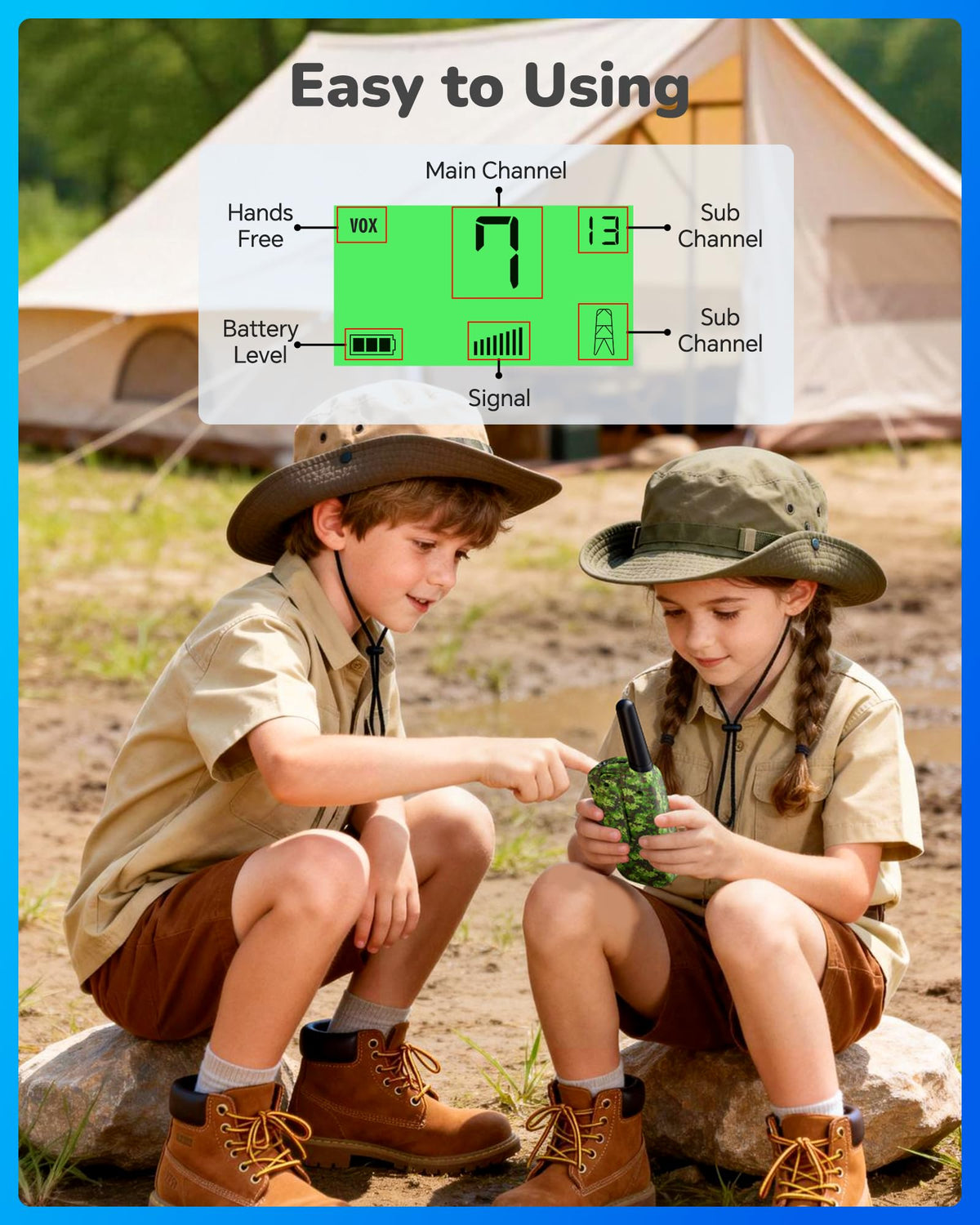 SANJOIN walkie talkie with flashlight activated during dusk camping.