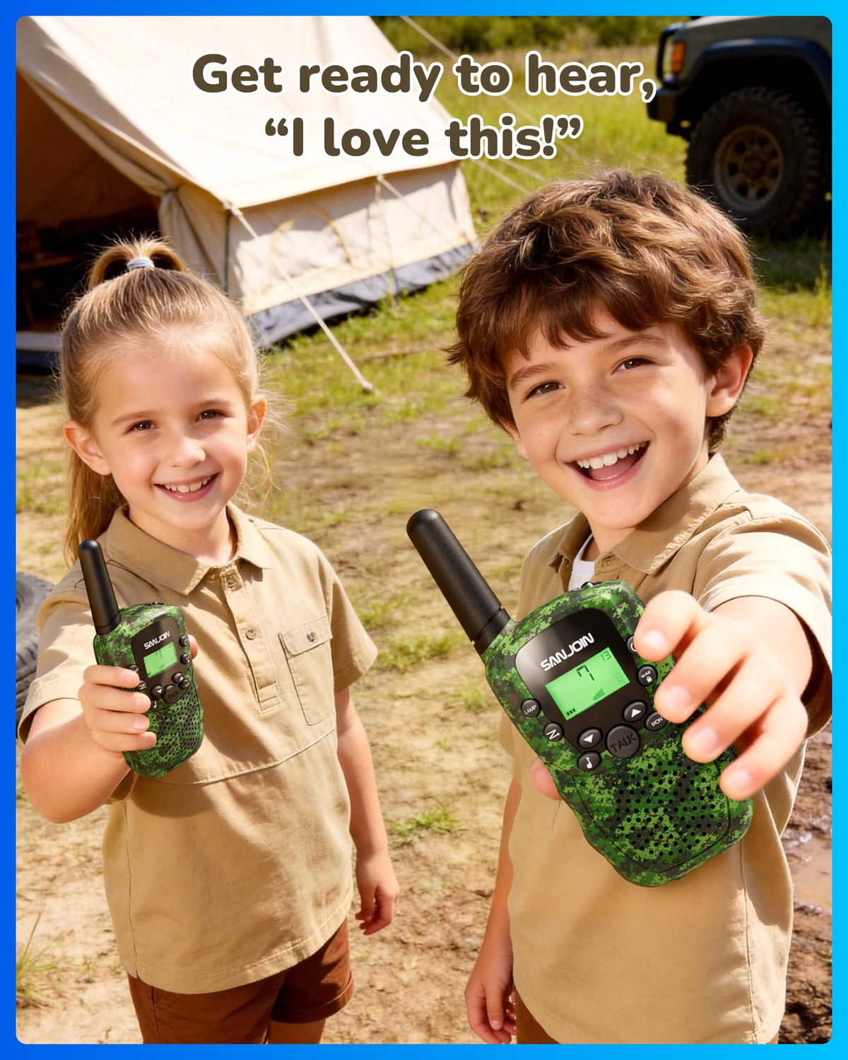 SANJOIN walkie talkie with 22 channels and privacy codes for clear play.
