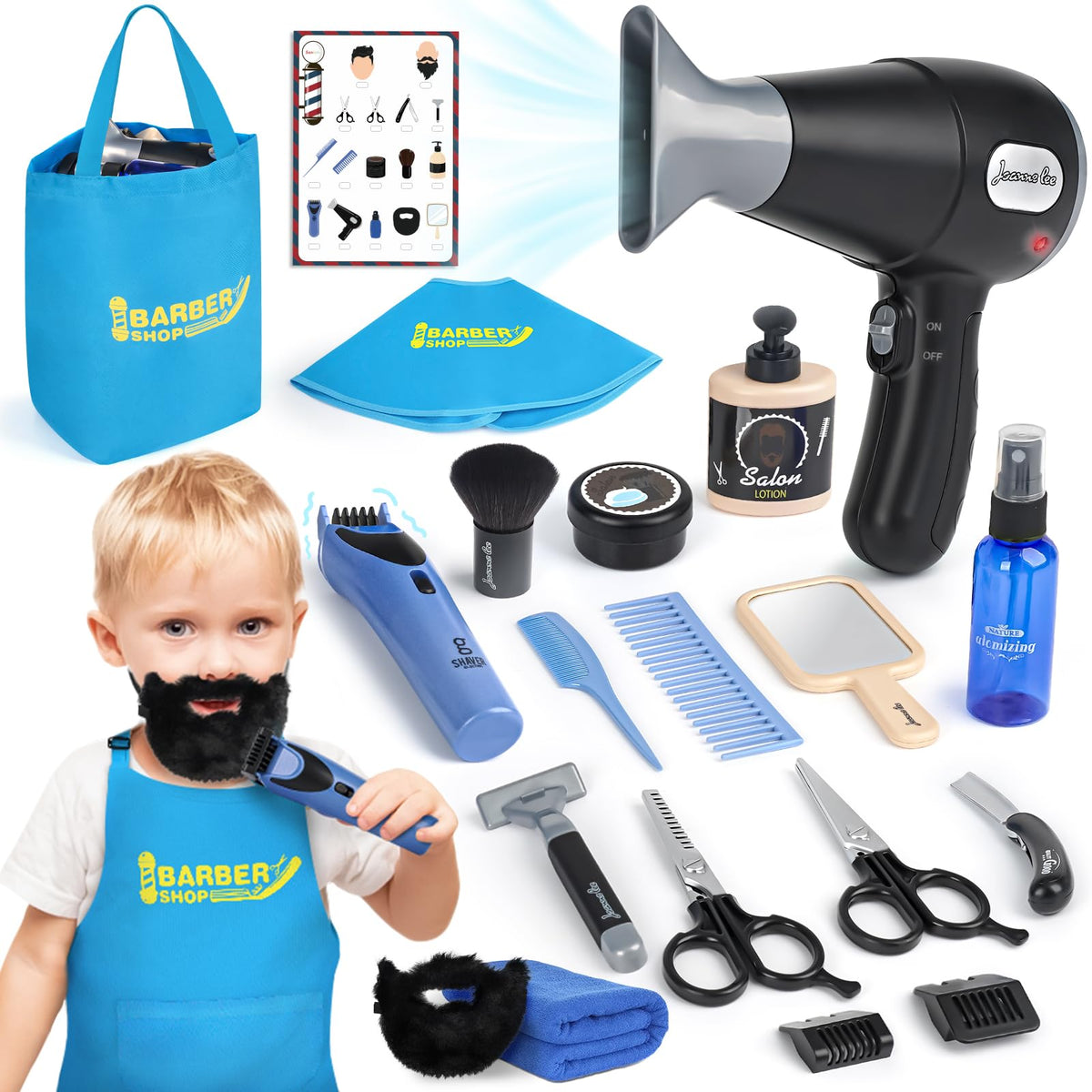 Sanlebi Barber Shop toy blow dryer showing light airflow for realistic pretend play at home