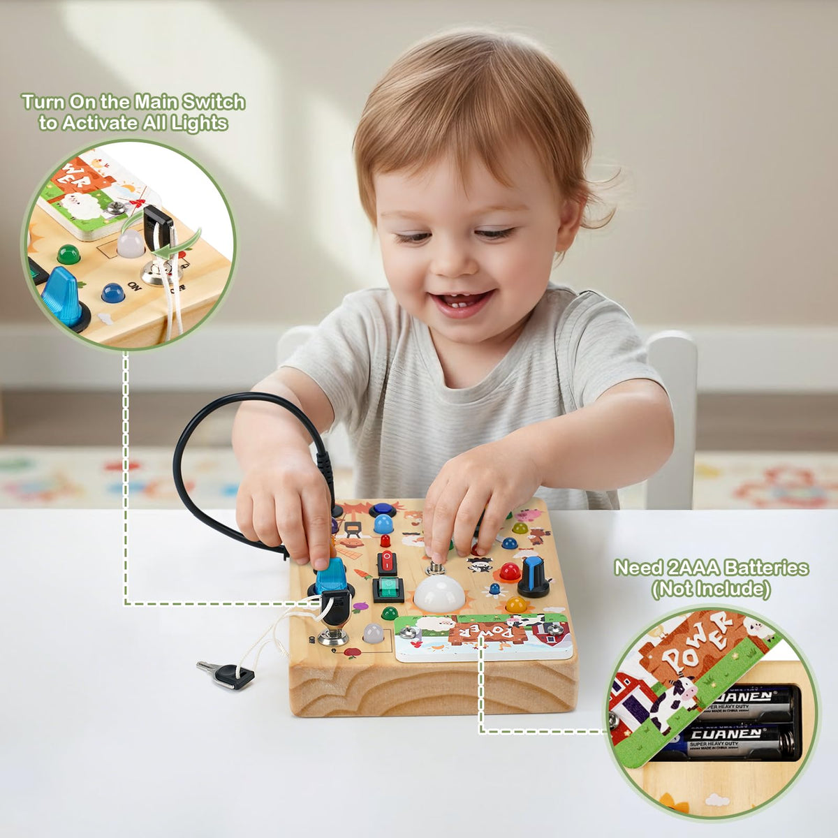Sanlebi Busy Board supports hand-eye coordination through cause-and-effect play