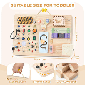 Sanlebi Busy Board LED lights and music spark sensory exploration.