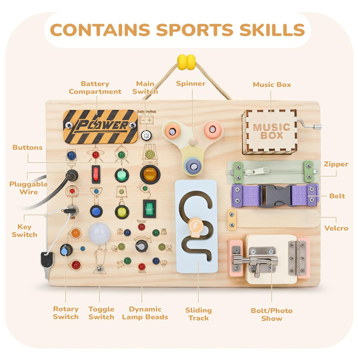 Sanlebi Busy Board locks and zippers promote fine motor skills and independence.