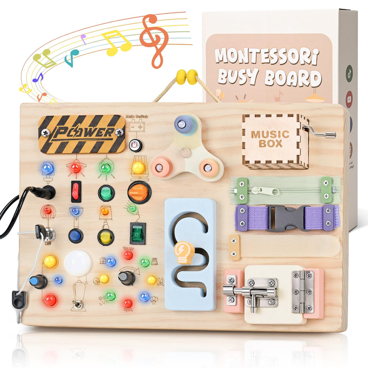 Sanlebi Busy Board with switches and buttons for tactile learning.