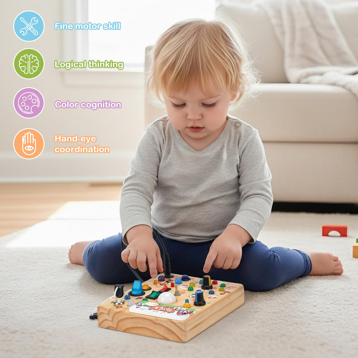 Sanlebi Busy Board crafted from wood with rounded edges for safety