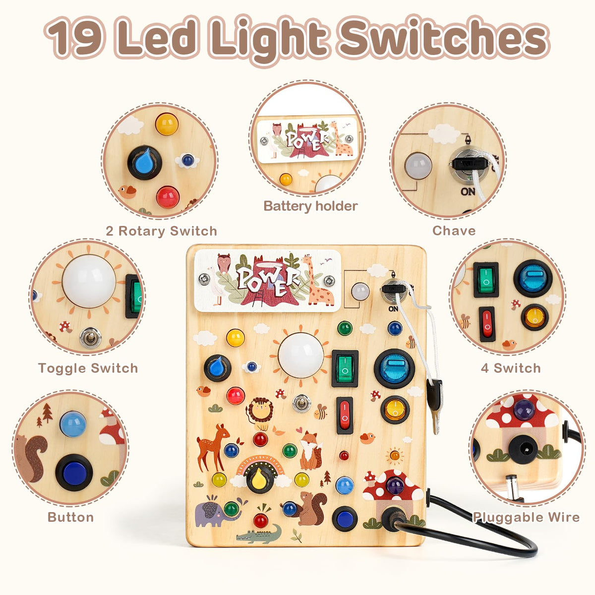 Sanlebi LED Busy Board lights illuminate with 19 LEDs to invite exploration.