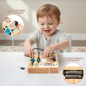 Durable wooden construction on the Sanlebi Busy Board supports lasting play.