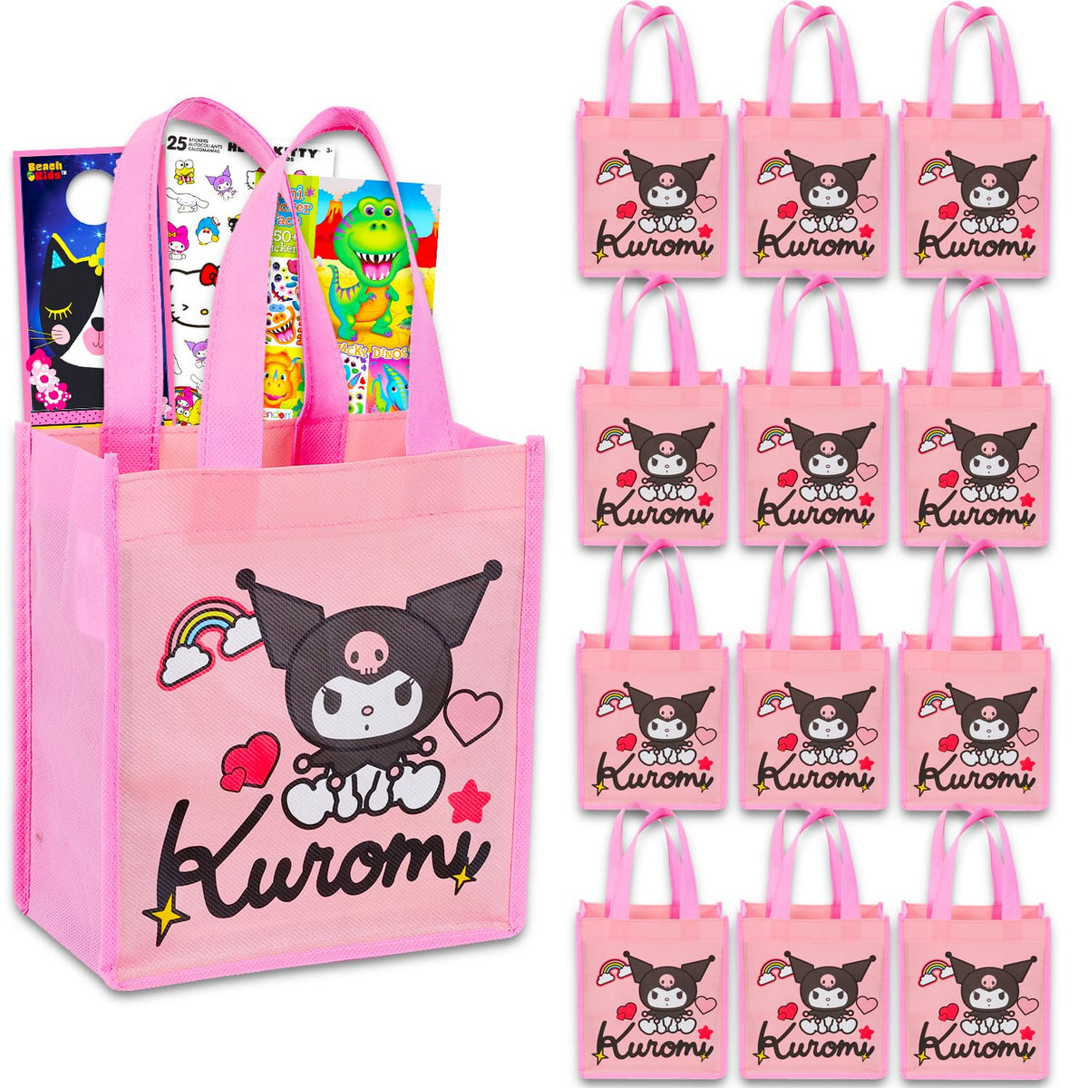 SANRIO Kuromi party favor bags with 12 reusable totes for kids' events.