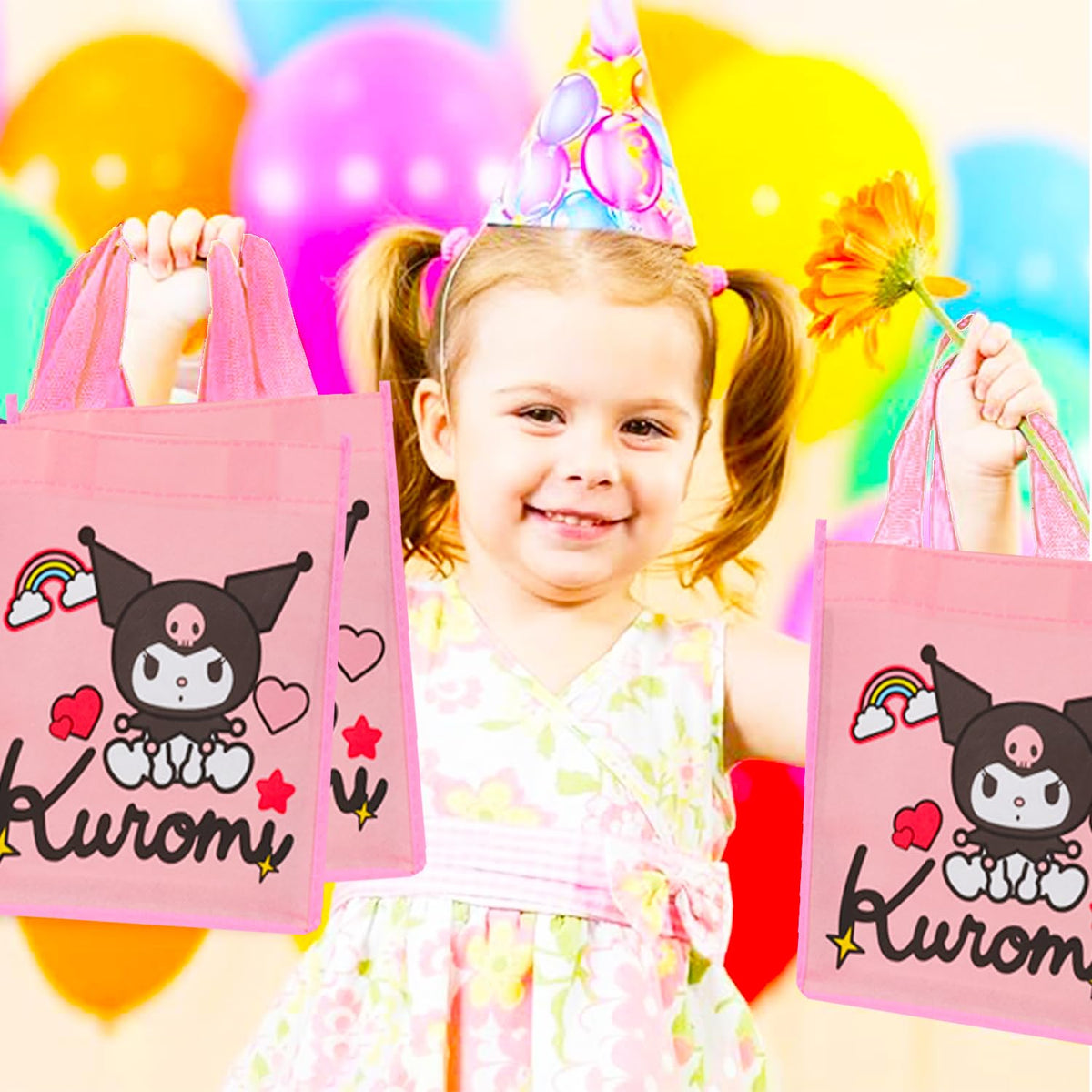Kuromi tote bag featuring colorful artwork to elevate party decor.