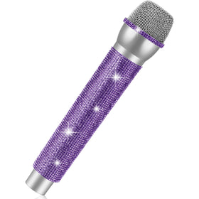 Sanwuta Bling microphone prop in silver and purple front view for glam lip-sync.