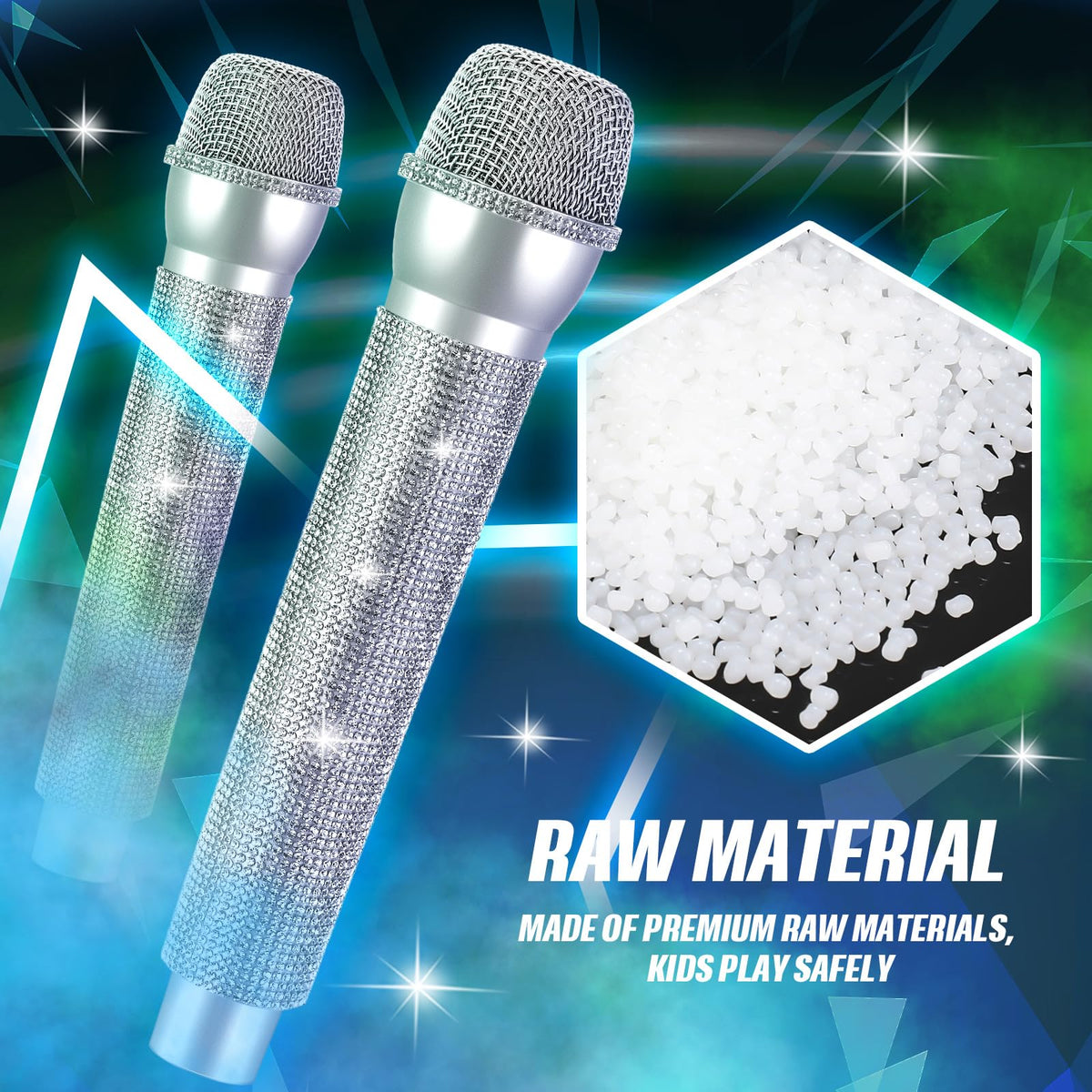 Closeup of rhinestones on the Sanwuta microphone prop catching light