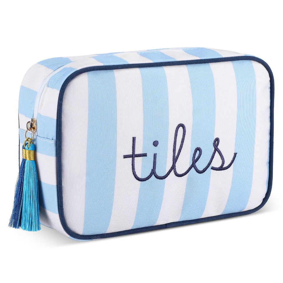 Sanwuta Mahjong tile bag with zipper in blue striped design for secure travel storage.