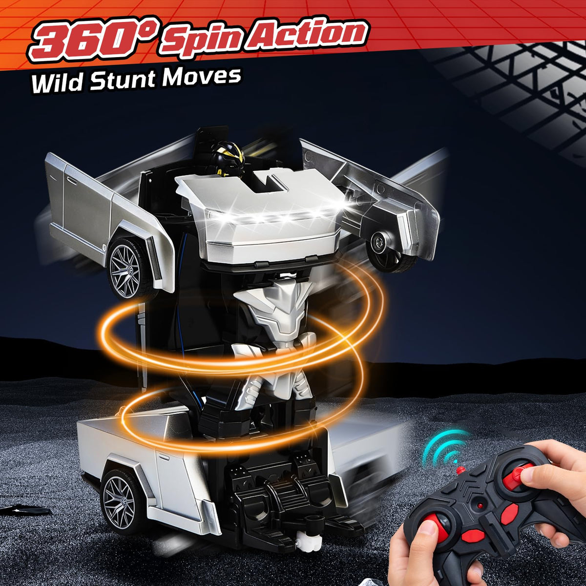 saoakk Transform RC Cybertruck 360-degree rotation shows versatile movement and drift.