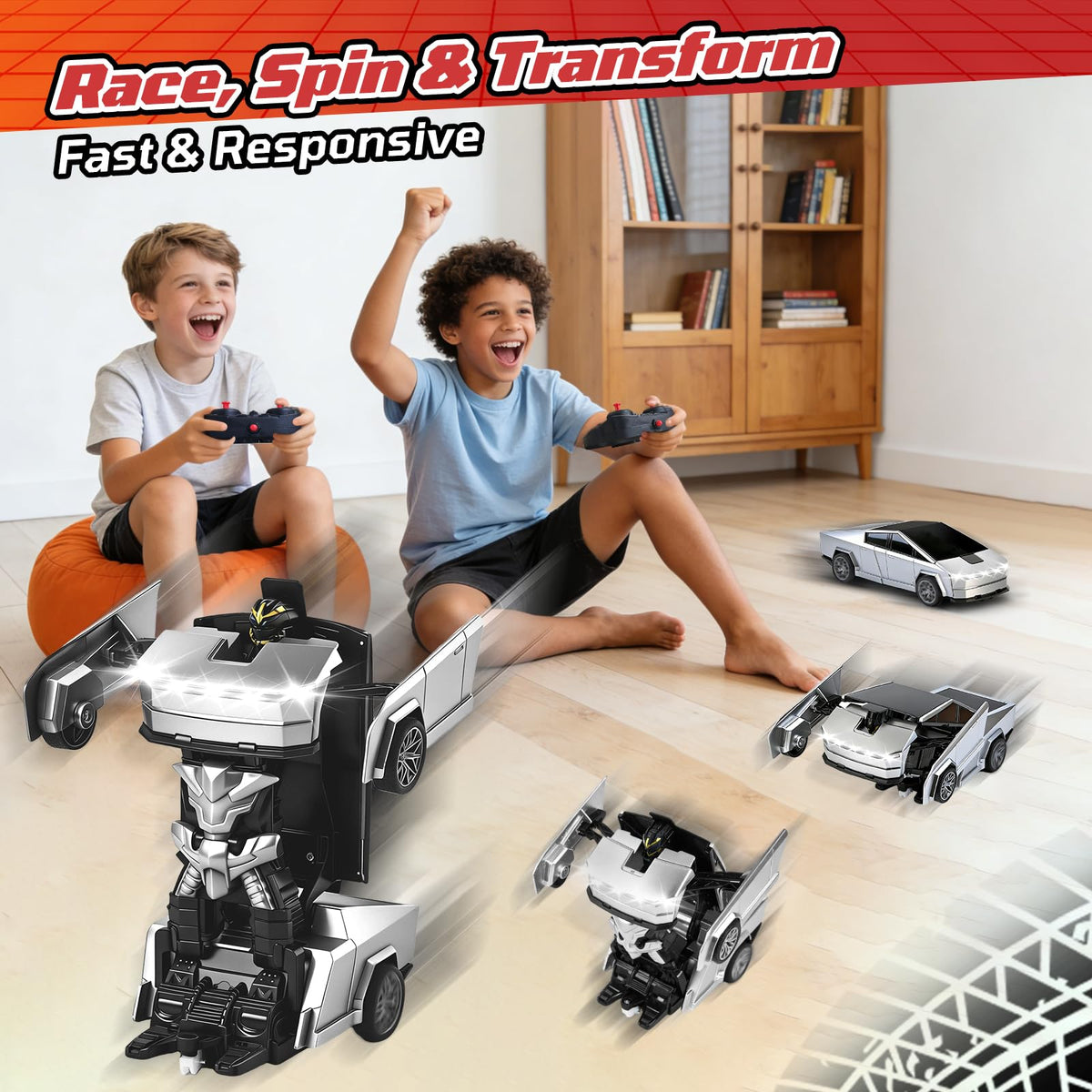 saoakk Transform RC Cybertruck dual batteries extend playtime with quick swaps.