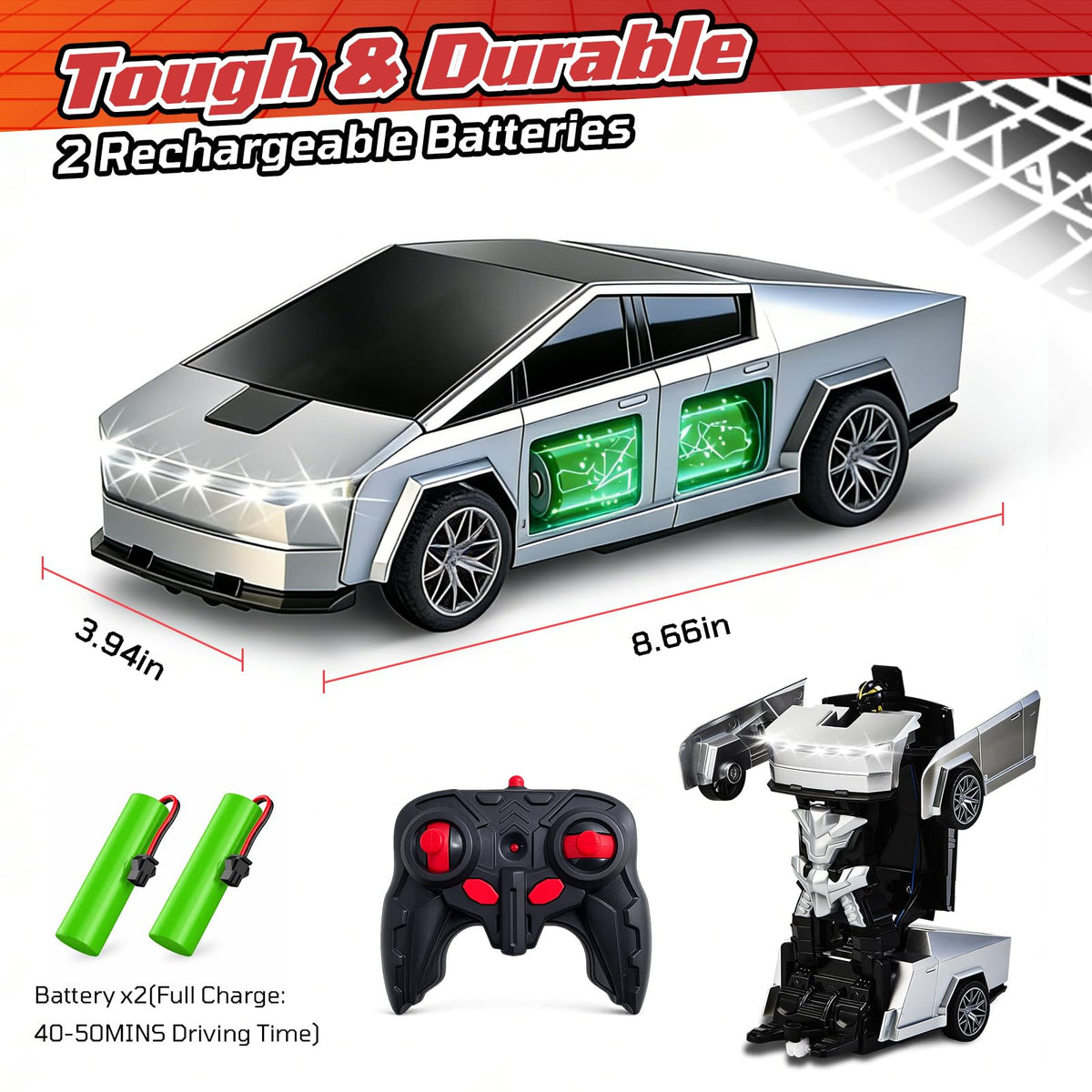 saoakk Transform RC Cybertruck LED lights add futuristic flair for nighttime play.