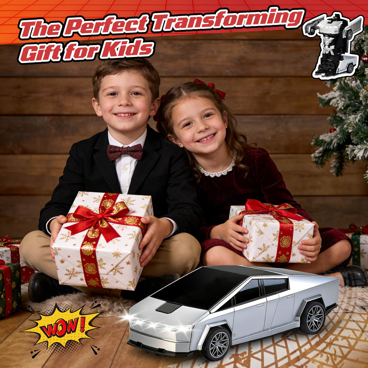 saoakk Transform RC Cybertruck packaging shows gift-ready design and included batteries.