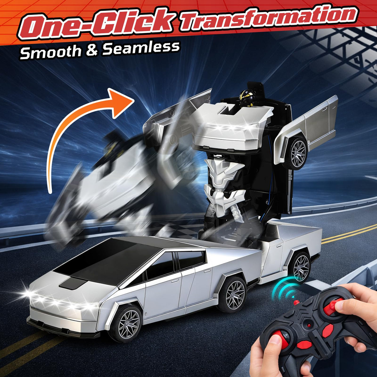 saoakk Transform RC Cybertruck side angle demonstrates 2.4GHz multiplayer for seamless racing.