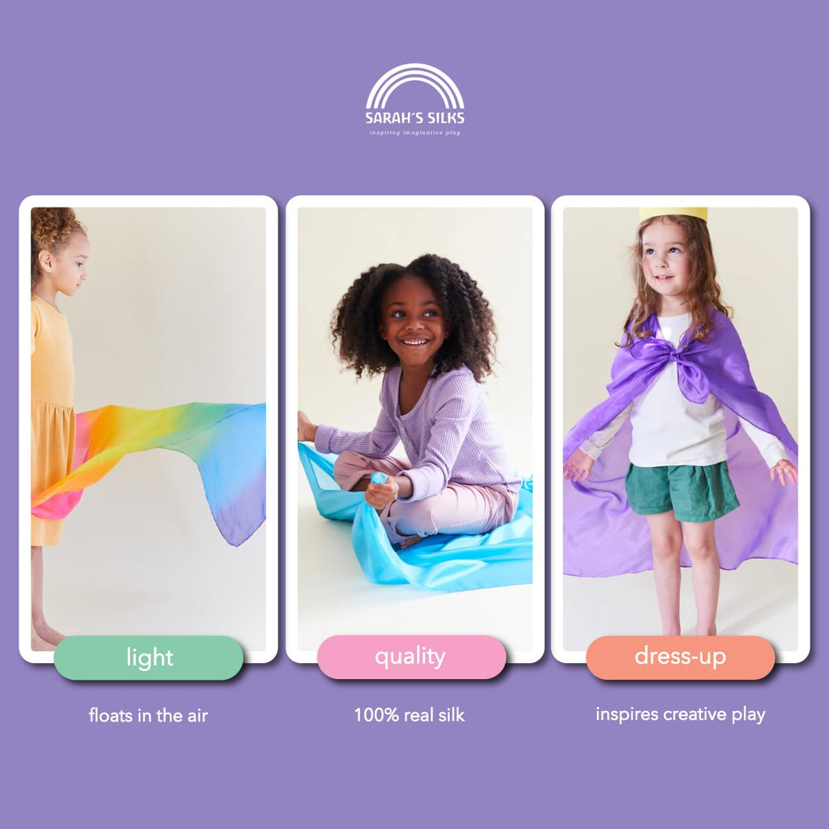 Sarah's Silks Playsilk Purple ready for role play and costume fun.