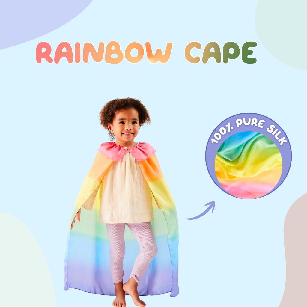 Sarah's Silks Rainbow Cape worn during pretend knight or princess play
