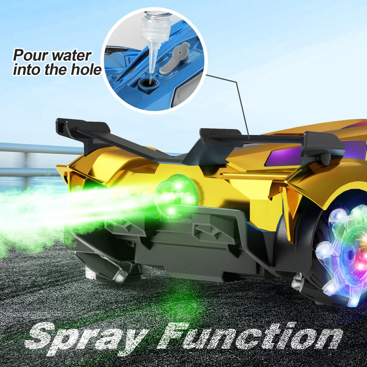 SASBSC RC car spray function adds water mist for eye-catching effects.