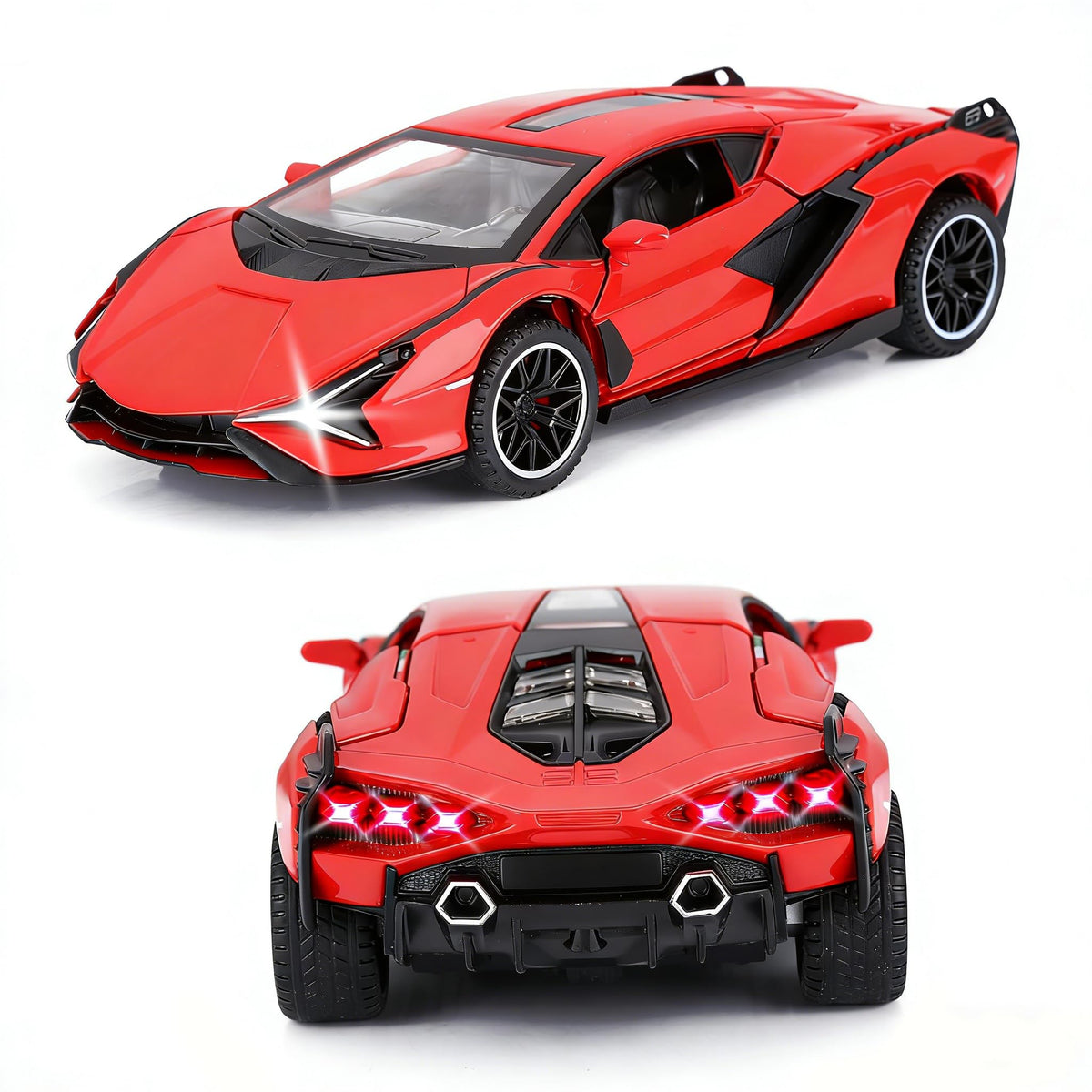 SASBSC red diecast car with doors open for interior view