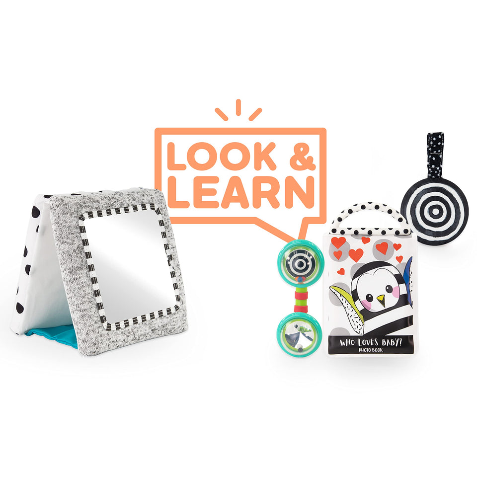 Sassy Look & Learn Baby Box floor mirror supports tummy time and self-awareness.