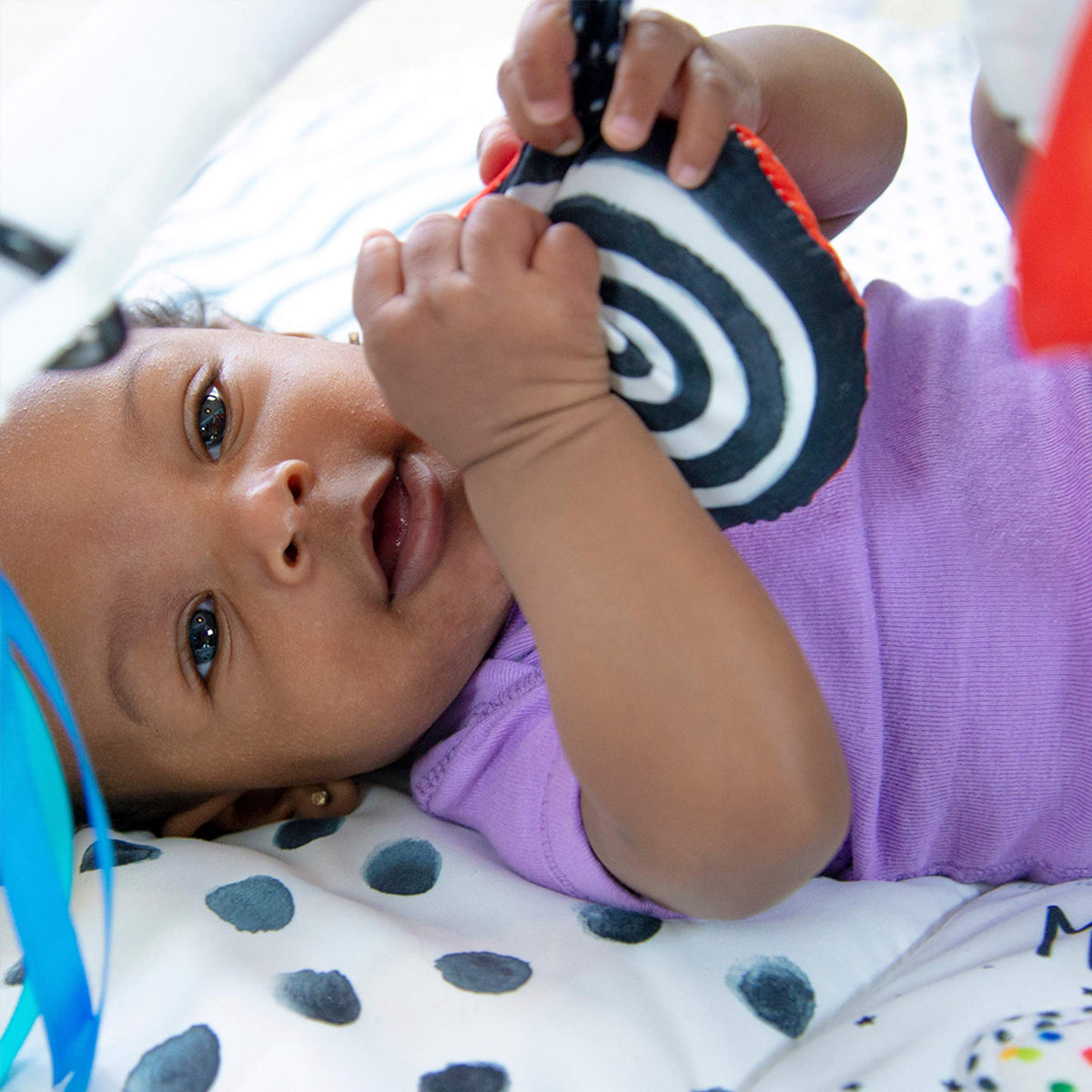 Sassy Look & Learn Hanging Toy with bold graphics and gentle rattle for reach and grasp.