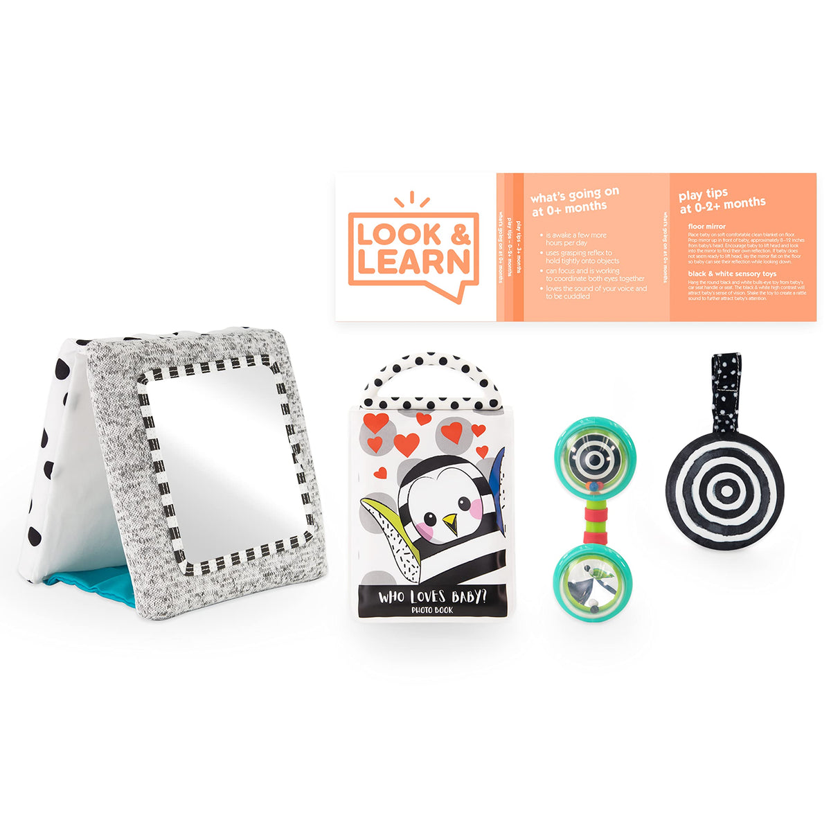 Sassy Look & Learn Photo Book features high-contrast graphics for infant focus.