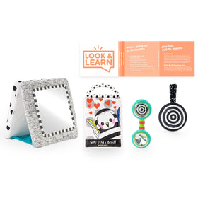Sassy Look & Learn Photo Book features high-contrast graphics for infant focus.