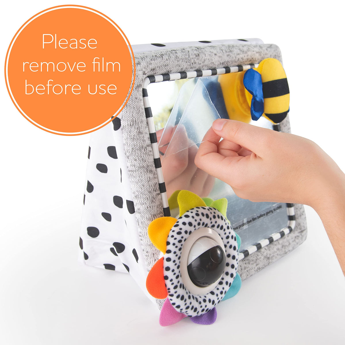 Sassy rainbow tracker ball adds colorful movement to visual perception play.