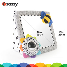 Sassy symmetrical bee design inspires visual tracking and tactile exploration.