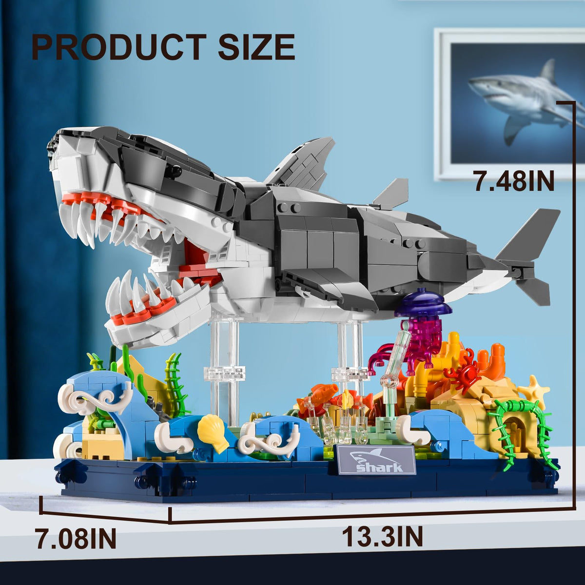 SATHIBI shark build and display stand for shelf decor.