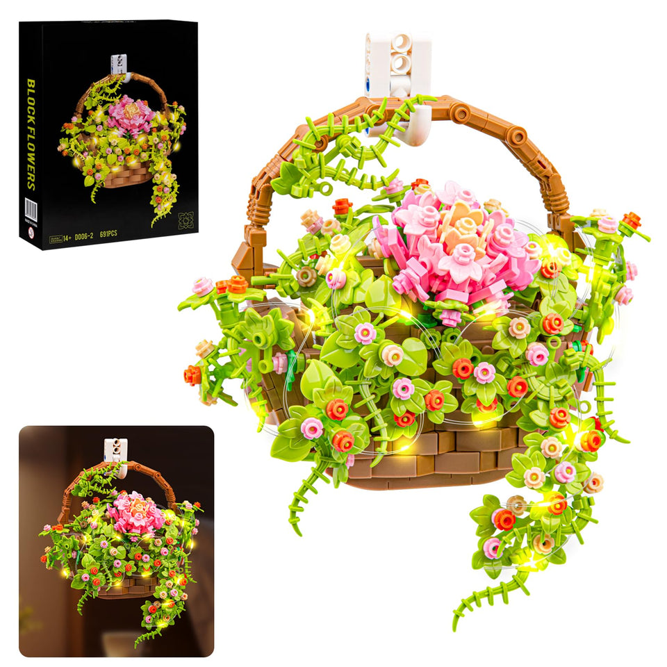 SATHIBI Flower Bouquet Building Set with light display enhances ambient decor.