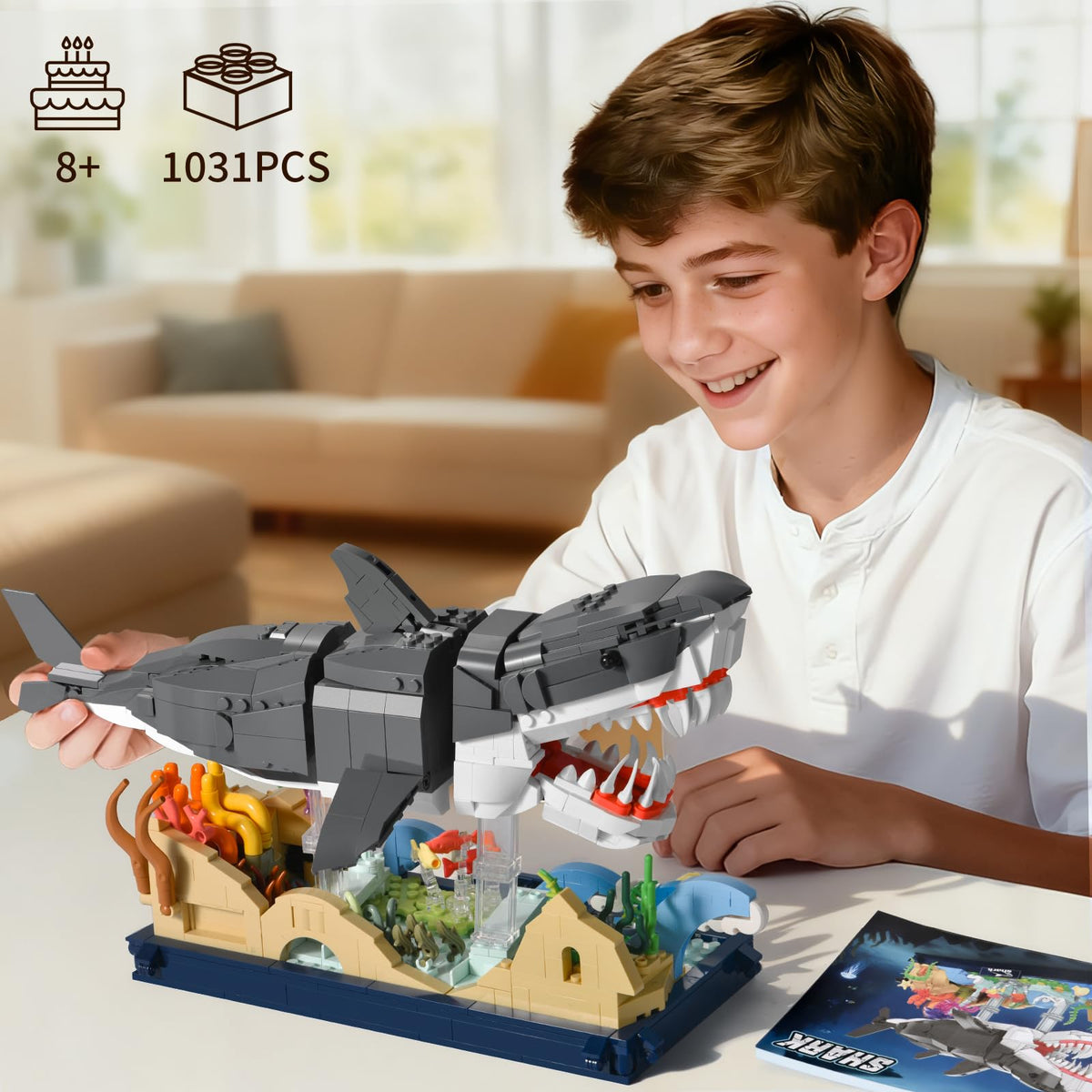 SATHIBI gift-ready shark model set for birthdays or holidays.