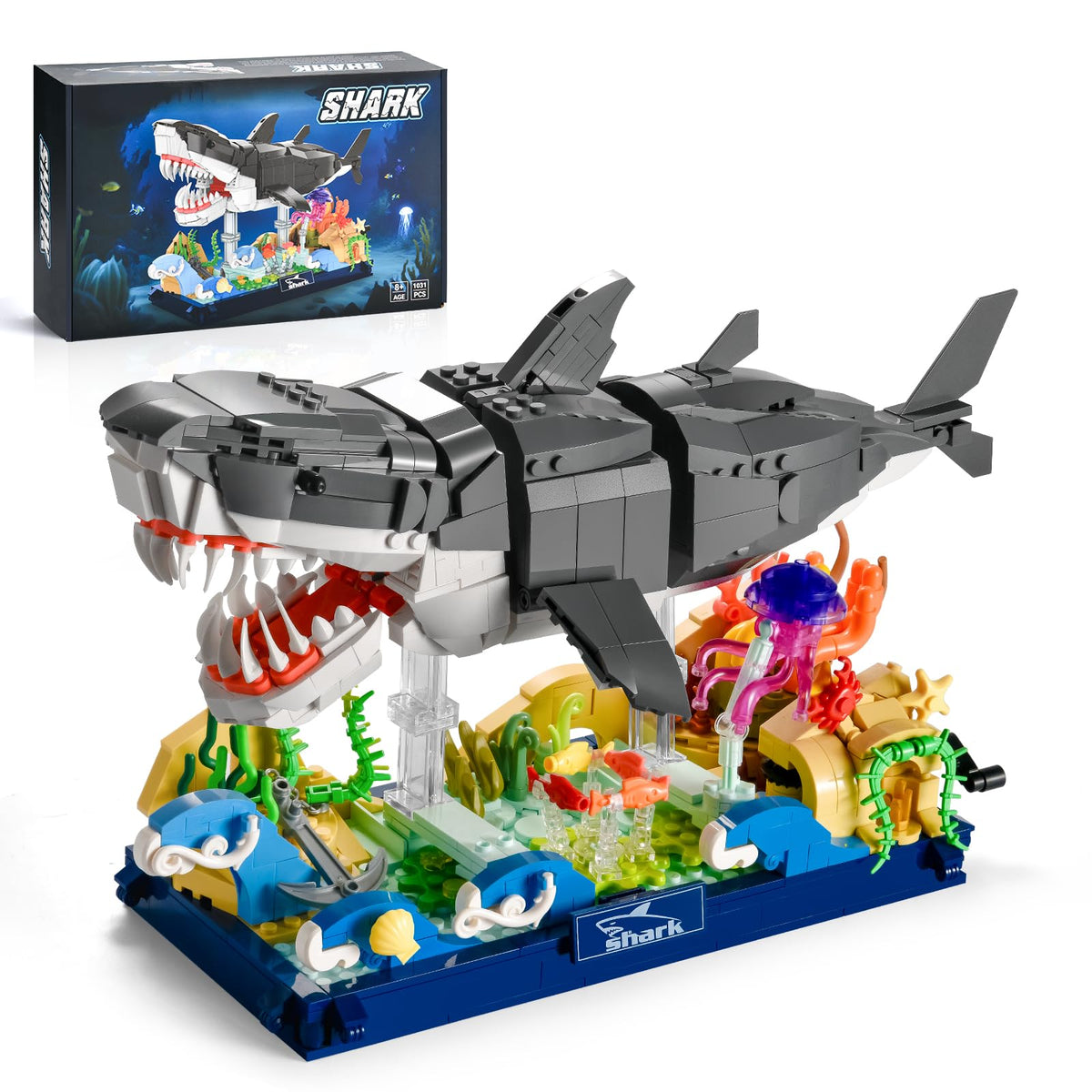 SATHIBI mechanical shark building set, assembly view for display and play.