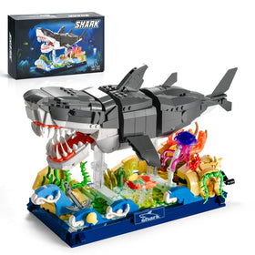 SATHIBI mechanical shark building set, assembly view for display and play.