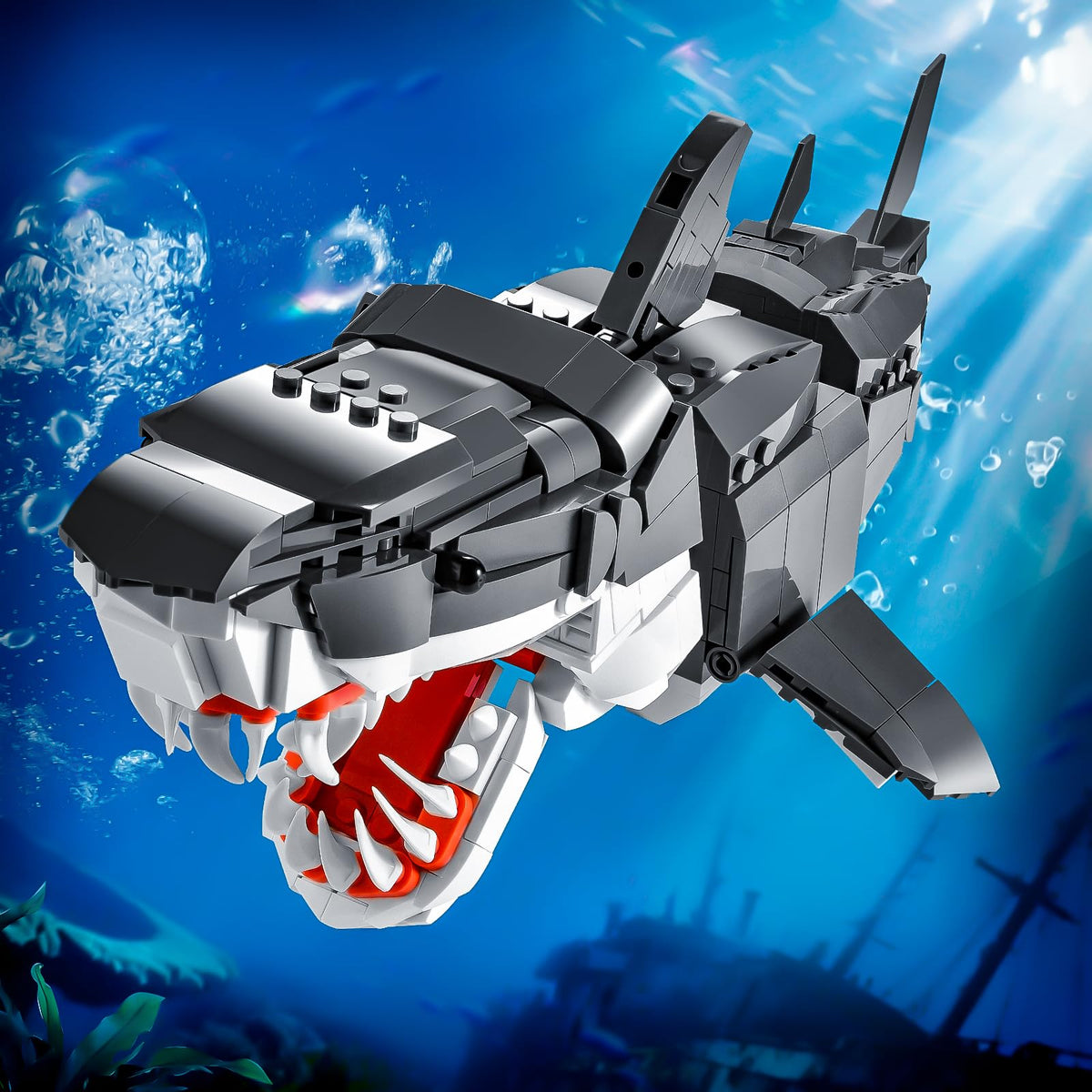 SATHIBI shark model with movable head and tail for lifelike action.
