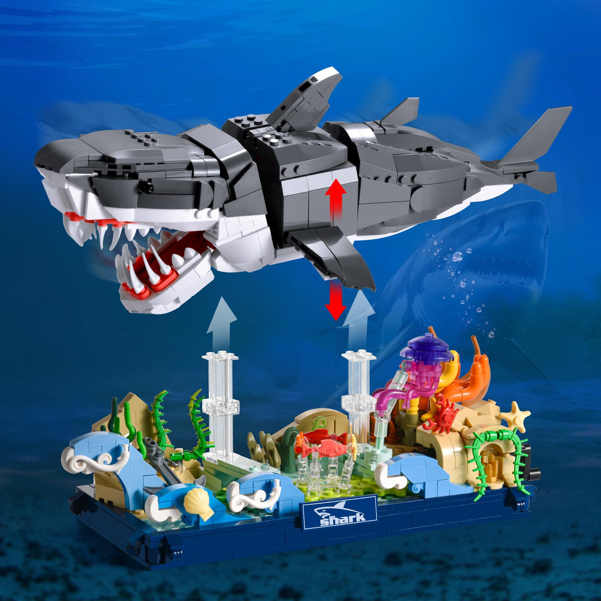 SATHIBI shark model with poseable mouth and fins for realistic posing.
