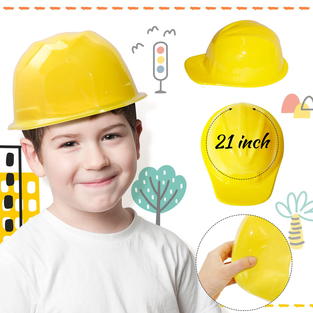 SATINIOR construction party setup with kids in dress-up gear
