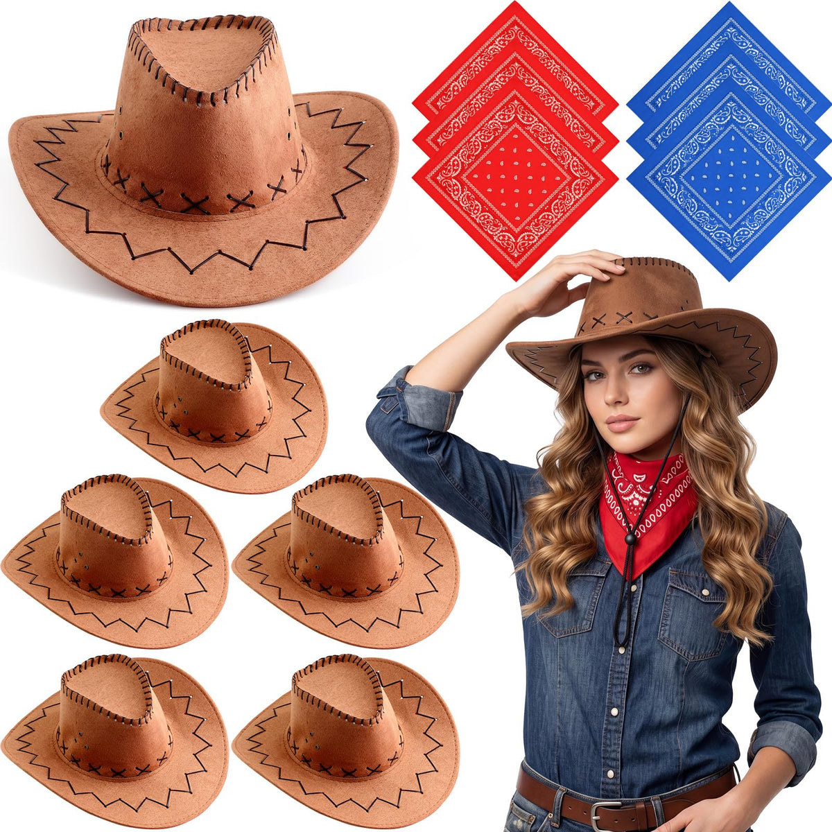 SATINIOR cowboy hat front view with adjustable neck drawstring for secure fit.