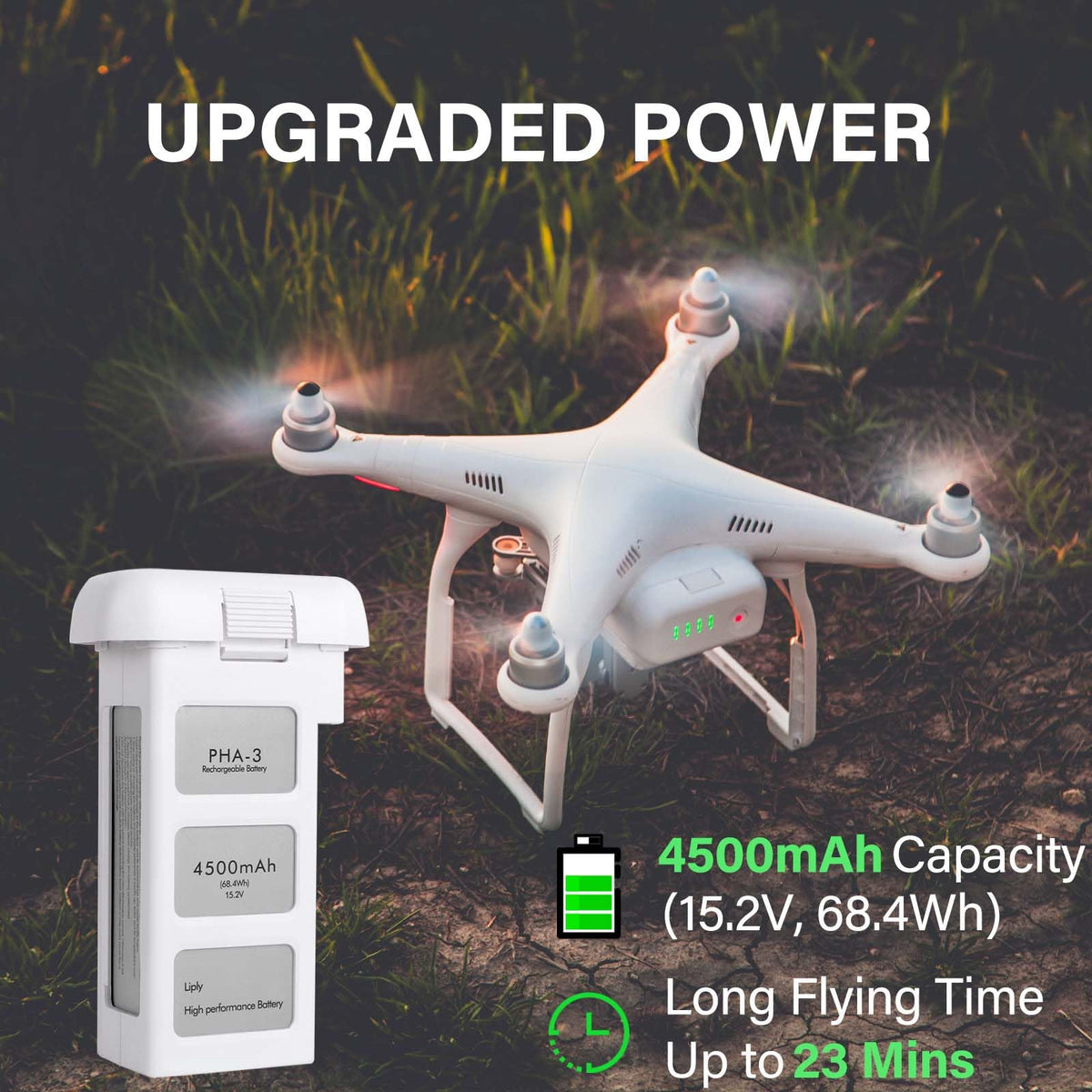Satonaka Phantom 3 battery top view with four LED indicators for power status.