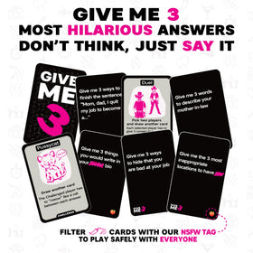SAVANA Give Me 3 challenge cards in hand ready for banter.