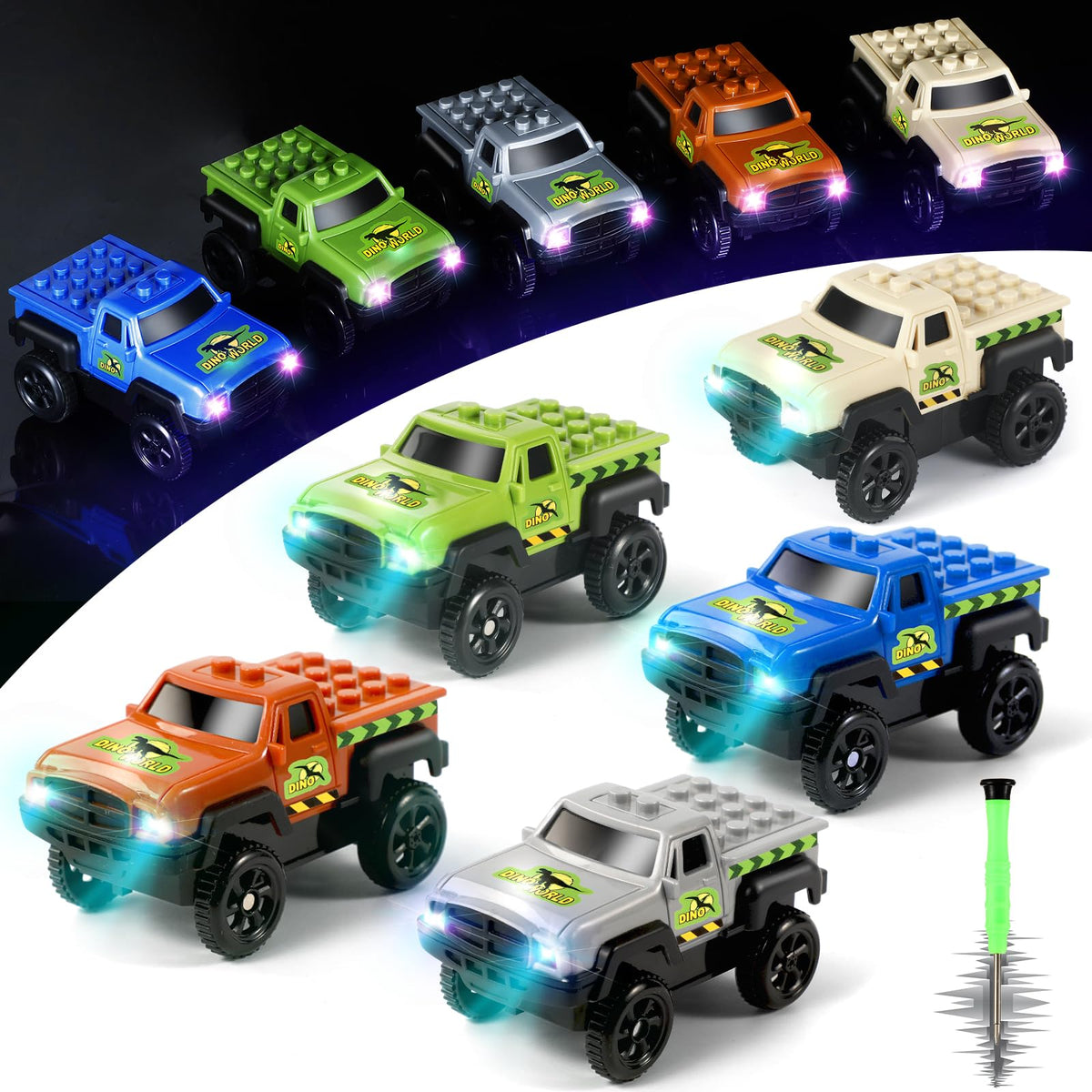 Save Unicorn glow-in-the-dark track cars illuminate playtime on tracks.
