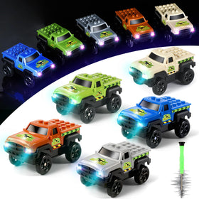 Save Unicorn glow-in-the-dark track cars illuminate playtime on tracks.